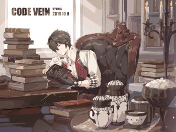 1boy black_gloves black_hair book book_stack bookshelf bracelet candelabra candle candlestand chair closed_mouth code_vein cup dated gloves hair_over_one_eye holding holding_book indoors jewelry loladestiny male_focus necklace open_book reading red_eyes sitting sleeves_rolled_up solo table