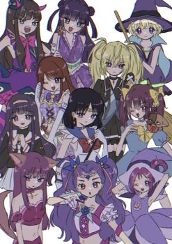 6+girls aikatsu! aikatsu!_(series) animal annotated antenna_hair aqua_eyes arm_up arms_up atat_karubi bishoujo_senshi_sailor_moon black_choker black_gloves black_hair black_skirt black_socks blonde_hair blue_choker blue_dress blue_eyes bow bowtie broom brown_hair cardcaptor_sakura choker color_connection commentary cross cross_necklace crossover daidouji_tomoyo demon_horns detached_sleeves dog double_bun dress earrings english_commentary fangs female_focus frills fujiwara_zakuro gloves green_sash hair_bow hair_bun hairband hands_on_own_hips hat highres holding holding_broom holding_wand horns hoshina_utau japanese_clothes jewelry kimono kirarin_revolution kneehighs kurosu_aroma lilpri long_hair looking_at_viewer magical_girl matching_hair/eyes mew_zakuro milky_rose mimino_kurumi mini_hat mini_top_hat mini_witch_hat multiple_crossover multiple_girls na-san navel necklace obi ogura_erina ojamajo_doremi one_eye_closed open_mouth own_hands_together pink_hairband pleated_skirt precure pretty_series pripara puffy_short_sleeves puffy_sleeves purple_bow purple_bowtie purple_choker purple_dress purple_eyes purple_hair purple_headwear purple_sailor_collar purple_skirt purple_theme red_bow red_eyes sailor_collar sailor_saturn sailor_senshi_uniform sasahara_natsuki_(lilpri) sash school_uniform segawa_onpu shibuki_ran short_hair short_kimono short_sleeves shugo_chara! sidelocks silence_glaive skirt sleeveless sleeveless_dress socks sparkle sugar_sugar_rune teeth tiara tokyo_mew_mew tomoe_hotaru tomoeda_elementary_school_uniform tomoeda_middle_school_uniform top_hat twintails v-shaped_eyebrows vanilla_mieux wand wink witch_hat yes!_precure_5