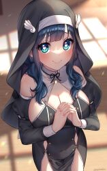 Rule 34 | 1girl, absurdres, amano nene (vtuber), amano nene (vtuber) (2nd costume), blue hair, blush, breasts, c:, cleavage, closed mouth, commentary request, commission, cowboy shot, detached sleeves, green eyes, habit, heart, heart-shaped pupils, highres, indoors, interlocked fingers, jewelry, large breasts, long hair, looking at viewer, low twintails, necklace, nun, own hands together, praying, production kawaii, skeb commission, smile, solo, standing, symbol-shaped pupils, twintails, twitter username, virtual youtuber, window shadow, yayoi maka