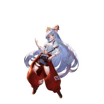 1girl alternate_costume belt black_shorts blunt_bangs bow collared_shirt fujiwara_no_mokou full_body game_cg grey_hair hair_bow highres juliet_sleeves long_hair long_sleeves looking_at_viewer navel non-web_source official_art ofuda ofuda_on_clothes pants pointing pointing_up puffy_sleeves red_eyes red_pants second-party_source shirt shoes shorts smile solo standing suspenders tachi-e thigh_belt thigh_strap touhou touhou_gensou_eclipse transparent_background u_u_zan very_long_hair white_shirt