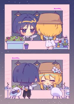 1boy 1girl alternate_costume animalization apron arm_behind_back arm_up black_apron black_cat black_eyes black_pants blonde_hair blue_flower blue_hair blue_shirt blunt_ends blush brown_hat bush cactus casual cat chair chibi choppy_bangs closed_eyes collared_shirt contemporary cup dandelion facing_another flower genshin_impact green_apron hair_between_eyes hair_intakes happy hat hat_flower heart hetero highres holding holding_letter holding_plate letter looking_at_another love_letter lumine_(genshin_impact) multicolored_flower multicolored_hair multiple_views open_mouth pants person_and_animalization plant plate potted_plant purple_flower purple_hair red_flower scaramouche_(cat)_(genshin_impact) scaramouche_(genshin_impact) shirt short_hair short_hair_with_long_locks sidelocks skirt smile standing steam streaked_hair striped_clothes striped_shirt table twitter_username waiter white_flower white_shirt white_skirt yellow_flower yunhhj