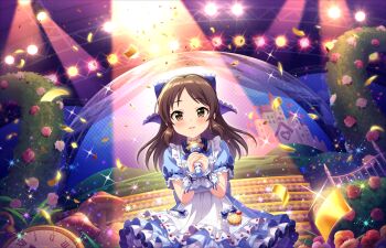 1girl alice&#039;s_adventures_in_wonderland alice_(alice_in_wonderland) alice_(alice_in_wonderland)_(cosplay) brown_eyes brown_hair castle cosplay dress idol idolmaster idolmaster_cinderella_girls idolmaster_cinderella_girls_starlight_stage long_hair looking_at_viewer official_art ribbon solo stage standing tachibana_arisu tree