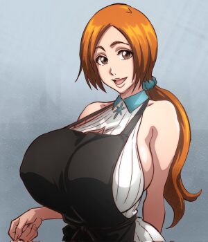 1girl 2025 apron bare_shoulders bleach bleach:_sennen_kessen-hen breasts brown_eyes collarbone female_focus g-moreartworks grey_background happy_birthday highres inoue_orihime large_breasts long_hair looking_at_viewer open_mouth orange_hair ponytail simple_background
