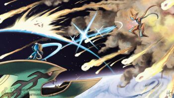 1boy commentary dated deoxys gen_3_pokemon legendary_pokemon male_focus mega_pokemon mega_rayquaza meteor mythical_pokemon nintendo open_mouth outdoors poke_ball pokemon pokemon_(creature) pokemon_battle pokemon_oras rayquaza riding riding_pokemon short_hair signature smoke space spacesuit sugarmasonmearii thrown