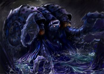 Rule 34 | commentary request, eldritch abomination, gatanothor, giant, giant monster, highres, kaiju, no humans, ocean, open mouth, red eyes, sharp teeth, solo, syukou, teeth, tentacles, tokusatsu, ultra series, ultraman tiga (series)