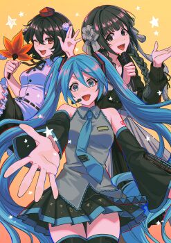 3girls bare_shoulders black_boots black_eyes black_hair black_skirt blue_eyes blue_hair blue_necktie boots braid character_request chinese_commentary commentary_request copyright_request detached_sleeves frilled_skirt frills grey_shirt hair_ornament hat hatsune_miku headset highres holding holding_microphone long_hair looking_at_viewer microphone miniskirt multiple_girls necktie noriuma one_eye_closed open_mouth pleated_skirt pom_pom_(clothes) reaching reaching_towards_viewer red_eyes red_hat shameimaru_aya shirt short_hair skirt sleeveless sleeveless_shirt star_(symbol) thigh_boots thighhighs tokin_hat touhou twin_braids twintails vocaloid white_shirt zettai_ryouiki