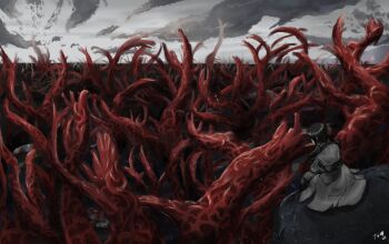 1boy absurdres black_hair cliff cloud cloudy_sky commentary coral crossed_arms english_commentary from_above full_body grey_tunic highres horizon male_focus post-apocalypse shadow_slave short_hair sitting sky solo sunny_(shadow_slave) t69sad tunic