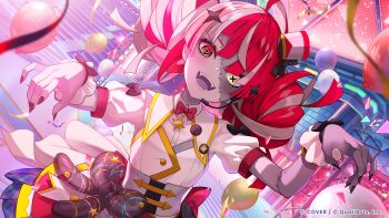 Rule 34 | 1girl, :d, absurdres, ahoge, back bow, balloon, black bow, black nails, bow, bowtie, collared shirt, colored skin, colored tongue, commentary request, concert, confetti, copyright name, corset, diamond-shaped pupils, diamond (shape), double bun, fangs, gradient eyes, green eyes, grey hair, grey skin, hair bun, hat, headset, highres, hololive, hololive dreams, hololive indonesia, kureiji ollie, layered skirt, looking at viewer, mini hat, mismatched pupils, multicolored eyes, nail polish, official art, open mouth, outstretched arms, patchwork skin, pink hair, puffy short sleeves, puffy sleeves, purple tongue, red bow, red bowtie, red eyes, red hair, shirt, short sleeves, skirt, smile, solo, stitched arm, stitched face, stitches, straight-on, symbol-shaped pupils, tilted headwear, virtual youtuber, waist bow, white hat, white shirt, white skirt, wrist cuffs, x-shaped pupils, yellow eyes, zombie, zombie pose