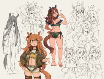 6+girls :d @_@ absurdres agnes_digital_(umamusume) animal_ears ass back bag barefoot belt bespectacled bikini biwa_hayahide_(umamusume) black_bow bnw_(umamusume) bow braid brown_hair carrot_print closed_eyes coffee_mug collared_shirt commentary cropped_shirt cup dakimakura_(object) dog_tags ear_bow ear_covers english_commentary eyepatch fang food_print glasses green_belt green_jacket gutalalaman hair_between_eyes hair_bow hairband hand_on_another's_shoulder heart highres holding holding_cup holding_pillow horse_ears horse_girl horse_tail jacket king_halo_(umamusume) kneepits long_hair long_sleeves looking_at_viewer looking_back manhattan_cafe_(umamusume) mayano_top_gun_(scramble_zone)_(umamusume) mayano_top_gun_(umamusume) mug multiple_girls narita_taishin_(umamusume) navel open_mouth orange_eyes orange_hair pillow round_eyewear school_uniform semi-rimless_eyewear shirt shopping_bag short_hair shorts side-tie_bikini_bottom simple_background sketch slippers smile standing stay_gold_(casual)_(umamusume) stay_gold_(umamusume) steam stomach super_creek_(umamusume) swimsuit tail tamamo_cross_(casual)_(umamusume) tamamo_cross_(umamusume) tied_jacket tracen_school_uniform umamusume under-rim_eyewear v v-shaped_eyebrows white_background white_shorts winning_ticket_(umamusume) yellow_shirt zenno_rob_roy_(casual)_(umamusume) zenno_rob_roy_(umamusume)