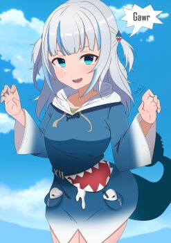 Rule 34 | 1girl, :d, absurdres, animal hood, blue eyes, blue hoodie, blue sky, cloud, cloudy sky, commentary request, fins, fish tail, gawr gura, gawr gura (1st costume), hair ornament, highres, hololive, hololive english, hood, hoodie, kenjo9797, long sleeves, looking at viewer, open mouth, shark girl, shark hair ornament, shark hood, shark tail, sharp teeth, short hair, sky, smile, solo, tail, teeth, virtual youtuber