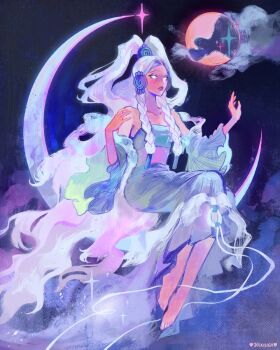 1girl avatar:_the_last_airbender avatar_legends bad_link blue_dress braid cloud detached_sleeves dress glowing glowing_eyes highres long_hair moon night night_sky sky solo sparkle very_long_hair vicki_tsai white_hair yue_(avatar)
