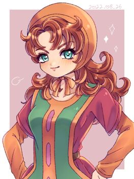 1girl ak_87_kt brown_hair closed_mouth collarbone curly_hair dragon_quest dragon_quest_vii dress green_eyes hood jewelry long_hair looking_at_viewer maribel_(dq7) ring smile solo