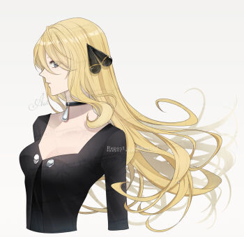 1girl black_coat blonde_hair breasts coat collar cynthia_(pokemon) grey_eyes hair_ornament highres jewelry long_hair looking_at_viewer medium_breasts nintendo pokemon pokemon_dppt profile sakaralalala simple_background solo upper_body watermark white_background