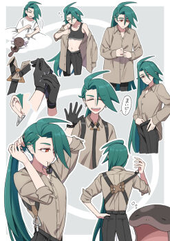 1girl androgynous black_gloves black_necktie black_pants black_sports_bra border botamochi_(exwelder) bright_pupils brown_shirt clodsire collared_shirt earrings gen_2_pokemon gloves green_hair grey_background highres jewelry long_hair looking_at_viewer multiple_views necktie nintendo open_mouth pants pokemon pokemon_sv ponytail putting_on_gloves red_eyes reverse_trap rika_(pokemon) shirt simple_background solo_focus sports_bra squeans standing suspenders triangle_earrings tying_hair upper_body waving white_border white_pupils wooper yawning