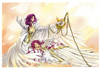 2girls absurdres angel_wings anime_screenshot bird breasts chain clamp cleavage cleavage_cutout clothing_cutout code_geass cornelia_li_britannia curly_hair dress elbow_gloves euphemia_li_britannia gloves hair_bun highres lap_pillow lipstick long_hair makeup multiple_girls pink_hair purple_eyes purple_hair red_hair siblings single_hair_bun sisters sleeping smile sword very_long_hair weapon wings