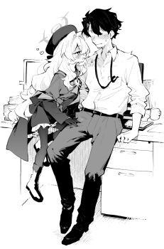 1boy 1girl black_footwear black_gloves black_hair black_hat black_jacket black_pants black_pantyhose black_ribbon black_sailor_collar black_shirt blue_archive blush coffee_mug computer_keyboard cup desk embarrassed fluffy_hair gloves greyscale hair_between_eyes hand_on_another's_leg hat heart highres id_card jacket long_hair looking_at_another monitor monochrome mug no_eyes on_desk pants pantyhose paper_stack professor_niyaniya_(blue_archive) ribbon rimukoro sailor_collar sensei_(blue_archive) shirt short_hair sidelocks sitting white_hair