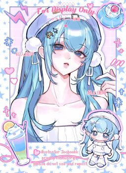 1girl bare_shoulders blue_eyes blue_hair blush border chibi closed_mouth collarbone cup drinking_glass grid_background hair_ornament hat highres long_hair loobookk looking_at_viewer multiple_views off-shoulder_shirt off_shoulder original parted_lips pink_background pom_pom_(clothes) pom_pom_hair_ornament portrait shirt white_border white_hat white_shirt