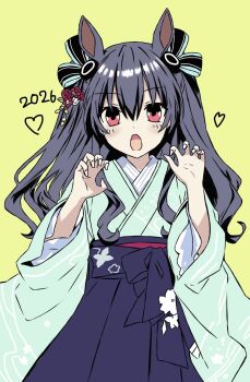 1girl 2026 asuto110 black_hair blush breasts choujigen_game_neptune choujigen_game_neptune_mk2 commentary_request four_goddesses_online:_cyber_dimension_neptune hair_ornament hair_ribbon highres japanese_clothes kimono long_hair looking_at_viewer neptune_(series) open_mouth red_eyes ribbon simple_background small_breasts uni_(neptunia)