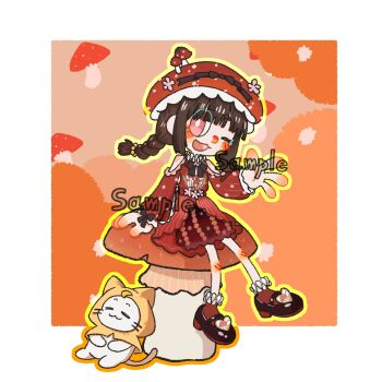 1girl ahoge animal autumn bare_legs bare_shoulders beads black_bow black_bowtie black_shoes blunt_bangs blunt_ends blush_stickers border bow bowtie braid bright_pupils brooch brown_hair bubble_skirt bus cat chibi chinese_commentary cloak closed_mouth clothed_animal clothing_cutout commentary_request dress ear_covers eyes_visible_through_hair flower flower_brooch frilled_anklet frilled_headwear frilled_sleeves frills glimmering_forest_(infinity_nikki) hair_beads hair_ornament happy hat hat_bow hat_flower hat_ornament heart heart_print high_heels highres hood hood_up hooded_cloak infinity_nikki jewelry knees leaning long_hair long_sleeves looking_at_viewer low_twin_braids mary_janes miniskirt momo_(nikki) motor_vehicle mushroom_hat mushroom_hat_ornament neck_ruff nikki_(series) ningmengyezijun91246 on_mushroom open_mouth orange_background outline outside_border pink_eyes pink_flower print_dress puffy_long_sleeves puffy_sleeves pumps red_dress red_hat red_skirt red_socks sample_watermark shoes short_dress shoulder_cutout sitting skirt skirt_under_dress smile socks striped_clothes striped_dress twin_braids vertical-striped_clothes vertical-striped_dress vertical-striped_sleeves watermark waving whiskers white_border white_cat white_pupils yellow_cloak yellow_outline