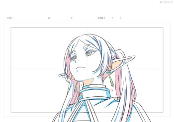 1girl animation_paper capelet color_trace commentary_request earrings elf frieren hair_over_shoulder head_back highres jewelry lineart long_pointy_ears looking_up meme nakahara_hisahumi parted_bangs pointy_ears shirt simple_background solo sousou_no_frieren striped_clothes striped_shirt teardrop_earrings thick_eyebrows twintails upper_body upward_angle_frieren_drawing_(meme) white_background