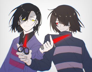 2others asymmetrical_bangs bags_under_eyes black_sweater brown_hair chromatic_aberration closed_mouth collared_shirt commentary_request crossed_bangs dual_persona eye_contact film_grain fingernails frisk_(undertale) glowing glowing_eyes grey_background hair_behind_ear hair_over_one_eye hand_up highres holding holding_knife holding_scissors knife long_sleeves looking_at_another mmlma_ma multiple_others one_eye_covered other_focus pale_skin pink_sweater puffy_long_sleeves puffy_sleeves purple_sweater red_eyes scissors shirt short_hair simple_background smile striped_clothes striped_sweater sweater turtleneck turtleneck_sweater two-tone_sweater undertale unusually_open_eyes upper_body utdr_(toby_fox) wind yellow_eyes