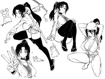 1girl absurdres breasts commentary_request fishnet_top fishnets fundoshi gigle highres japanese_clothes katana korean_commentary kousaka_shigure large_breasts long_hair monochrome mouse_(animal) ninja ponytail shijou_saikyou_no_deshi_ken'ichi solo sword weapon wet wet_clothes wet_fundoshi