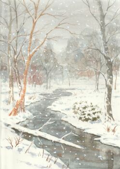 bare_tree commentary_request day forest grass grey_sky highres landscape log nature no_humans original outdoors overcast painting_(medium) paruperu scenery sky snow snowing stream traditional_media tree water watercolor_(medium) winter