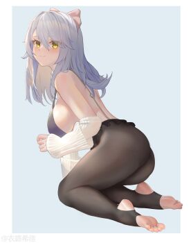 1girl absurdres ass barefoot blush breasts commentary_request elucid9484 feet full_body highres kneeling large_breasts legs no_shoes pantyhose smile snowbreak:_containment_zone soles stirrup_legwear thighhighs thighs toeless_legwear toes