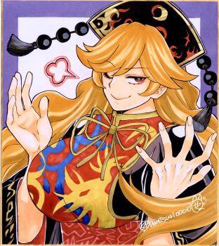 1girl absurdres black_dress breasts chinese_clothes dalachi_(headdress) dress highres huge_breasts junko_(touhou) long_hair looking_at_viewer matsuri_kyuuta orange_hair pom_pom_(clothes) puff_of_air red_eyes red_tabard smile solo tabard touhou traditional_media twitter_username