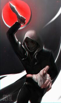 1other absurdres bandaged_hand bandages black_jacket blood blood_on_face blood_on_hands covered_face cowboy_shot crazy_grin dagger dead_by_daylight facing_viewer grey_hoodie grin hand_up highres holding holding_dagger holding_knife holding_weapon hood hood_up hoodie incoming_attack jacket knife mask moon reaching reaching_towards_viewer red_moon serpentahl smile solo the_legion_(dead_by_daylight) weapon