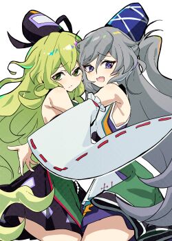 2girls alternate_hair_length alternate_hairstyle black_hat blue_hat blue_skirt commentary_request detached_sleeves fang green_eyes grey_hair hat highres io16sii japanese_clothes kariginu long_hair looking_at_viewer mononobe_no_futo multiple_girls open_mouth ponytail purple_eyes ribbon-trimmed_sleeves ribbon_trim simple_background skin_fang skirt soga_no_tojiko tate_eboshi touhou touhou_lostword very_long_hair white_background