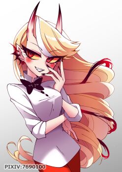 Rule 34 | 1girl, :d, arm under breasts, black bow, black bowtie, black nails, bow, bowtie, breasts, buttons, charlie morningstar, circle facial mark, colored sclera, commentary request, cowboy shot, demon girl, demon horns, drill hair, earrings, eyelashes, fang, fingers to cheek, gradient background, grey background, grin, hair behind ear, hand on own opposite hip, hand up, hazbin hotel, hellaverse, highres, horns, jewelry, long hair, looking at viewer, lower eyelashes only, medium breasts, menattou, multicolored hair, nail polish, open mouth, pants, pointy ears, red eyes, red horns, red pants, shirt, simple background, skin-covered horns, slit pupils, smile, solo, standing, streaked hair, three-quarter sleeves, traditional bowtie, tsurime, two-tone hair, v-shaped eyebrows, very long hair, white background, white hair, white shirt, yellow sclera