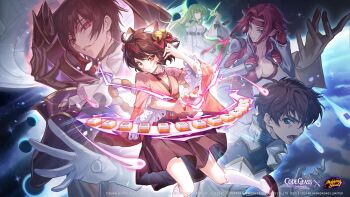 2boys 3girls absurdres animal_ears artist_request bell black_gloves bodysuit breasts brown_eyes brown_hair brown_kimono c.c. cat_ears cat_girl cat_tail choker cleavage code_geass commentary copyright_notice english_commentary frilled_choker frills geass gloves green_eyes green_hair hair_bell hair_ornament highres ichihime japanese_clothes jingle_bell jingle_bell_earrings kouzuki_kallen kimono kokushi_musou kururugi_suzaku large_breasts lelouch_vi_britannia logo mahjong mahjong_soul mahjong_tile medium_breasts multiple_boys multiple_girls nail_polish official_art open_mouth red_hair short_hair small_breasts socks tail white_bodysuit white_gloves white_socks