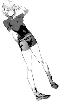 1girl bare_shoulders boots breasts closed_mouth clothing_cutout eri_(haitekudasai_takamine-san) evergreen_eri greyscale haite_kudasai_takamine-san highres hiiragi_yuuichi looking_at_viewer midriff_peek monochrome one_eye_closed ribbed_shirt shirt short_hair shorts shoulder_cutout smile solo thighs v v_over_eye