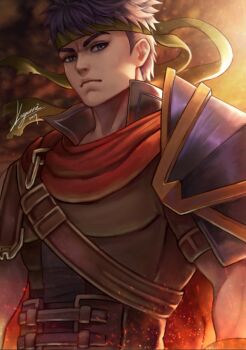 1boy armor blue_eyes blue_hair closed_mouth commentary english_commentary fire_emblem fire_emblem:_radiant_dawn green_headband headband ike_(fire_emblem) kaejunni looking_at_viewer male_focus nintendo pauldrons short_hair shoulder_armor signature single_pauldron solo