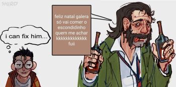 2boys :p alcohol black_hair blazer bottle brown_hair collared_shirt crow's_feet disco_elysium facial_hair furrowed_brow glasses green_jacket hair_slicked_back hands_up harry_du_bois hashtag-only_commentary holding holding_bottle i_can_fix_him_(meme) jacket kim_kitsuragi meme mullet multiple_boys mustache_stubble mutton_chops necktie orange_jacket red_necktie shiroshark shirt stubble tongue tongue_out translation_request white_shirt wrinkled_skin