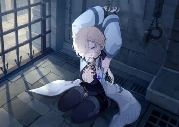 Rule 34 | 1girl, armpits, arms up, black dress, blonde hair, braid, braided bangs, breasts, chained wrists, cleavage, clenched teeth, coat, coronis (stella sora), detached sleeves, dress, game cg, highres, indoors, large breasts, long hair, non-web source, official art, prison, prison cell, purple eyes, self-datamine, short dress, sitting, sleeveless, sleeveless coat, solo, stella sora, stethoscope, teeth