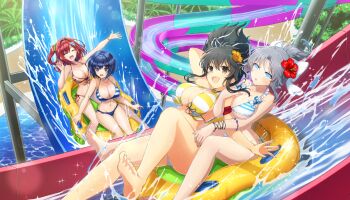 4girls :d :o ^_^ arm_scarf arm_up ass asuka_(senran_kagura) bandana_around_arm bare_shoulders bikini black_hair blue_bikini blue_eyes blue_gemstone blue_hair blush bow bracelet breasts brown_eyes bush cleavage closed_eyes collarbone crossover dolphin_hair_ornament dolphin_wave fern flower frilled_bikini frills front-tie_bikini_top front-tie_top game_cg gem gluteal_fold green_gemstone green_scrunchie grey_hair groin hair_between_eyes hair_bow hair_flower hair_intakes hair_ornament hair_ribbon hair_scrunchie hibiscus highres inflatable_raft jewelry large_breasts light_particles linea_alba long_hair looking_at_viewer marvelous multicolored_bikini multiple_girls navel non-web_source official_alternate_costume official_alternate_hairstyle official_art one_side_up ootomo_takuji open_mouth orange_flower plant ponytail pool red_bikini red_flower red_gemstone red_hair red_scarf ribbon sakimiya_iruka scarf scrunchie senran_kagura senran_kagura_new_link shiny_skin short_hair short_ponytail side-tie_bikini_bottom sitting smile sparkle splashing striped_bikini striped_bow striped_clothes swimsuit thigh_gap tojou_michiru two-tone_bikini water water_drop water_slide waterpark white_bikini white_bow white_ribbon yellow_bikini yumi_(senran_kagura)