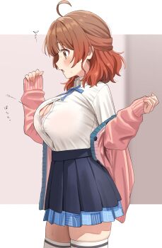 1girl ahoge black_overskirt blue_ribbon blue_skirt blush bra bra_peek breasts brown_hair bursting_breasts cardigan cardigan_partially_removed cleavage commentary_request gakuen_idolmaster gradient_hair hanami_ume hatsuboshi_gakuen_school_uniform highres idolmaster large_breasts long_sleeves looking_ahead medium_hair multicolored_hair neck_ribbon orange_hair partial_commentary pink_cardigan pleated_skirt popped_button profile rakushi_(kamekameha222) ribbon school_uniform shirt shirt_tucked_in skindentation skirt solo tented_shirt thighhighs underwear white_bra white_shirt white_thighhighs zettai_ryouiki