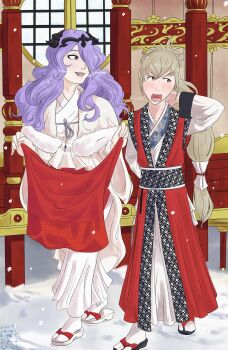 Rule 34 | 1boy, 1girl, arm behind head, blush, camilla (fire emblem), fire emblem, fire emblem fates, grey hair, hair over one eye, japanese clothes, kimono, nintendo, older female and younger male, one eye covered, orange eyes, purple eyes, purple hair, snow, steadypen, takumi (fire emblem), taller female, tiara, yukata
