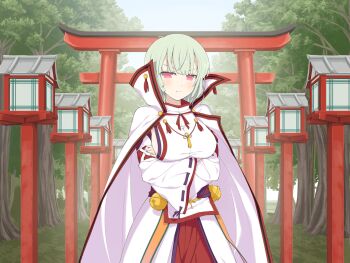 1girl architecture arms_under_breasts bell blunt_bangs blunt_tresses blush bob_cut breasts buttons cape chinese_knot closed_mouth crossed_arms detached_sleeves double-breasted east_asian_architecture forest frown grass green_hair hakama japanese_clothes jingle_bell lantern large_breasts leaf long_sleeves looking_at_viewer mikagura_uniform miko mirror mystical_high_collar naraku_(senran_kagura) nature nontraditional_miko official_art outdoors overcast pink_eyes plant red_hakama red_trim ribbon-trimmed_sleeves ribbon_trim scowl senran_kagura senran_kagura_new_link short_hair sideboob sky solo tassel torii tree v-shaped_eyebrows white_cape wide_sleeves wooden_lantern