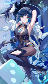 1girl absurdres arm_behind_head armpits black_bodysuit black_gloves blue_hair bodysuit boots breasts cleavage closed_mouth feather-trimmed_jacket genshin_impact gloves green_eyes high_heel_boots high_heels highres holding holding_weapon looking_at_viewer presenting_armpit short_hair smile solo standing standing_on_one_leg thigh_boots weapon wuzhihuijia yelan_(genshin_impact)