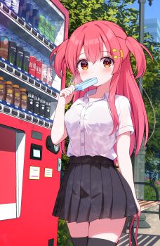 Rule 34 | 1girl, absurdres, beamed eighth notes, bench, black thighhighs, blush, breasts, brown eyes, can, canned coffee, day, drink can, eins 9, food, from below, gradient eyes, hand up, highres, holding, holding food, holding popsicle, holding ribbon, ice cream, lamppost, large breasts, leaf, long hair, looking at viewer, miniskirt, multicolored eyes, musical note, orange eyes, original, outdoors, park, park bench, partially unbuttoned, pleated skirt, popsicle, power lines, red hair, red ribbon, ribbon, road, school uniform, shadow, shirt tucked in, short sleeves, skirt, soda can, solo, standing, street, summer, summer uniform, sunlight, thighhighs, thighs, two side up, vending machine