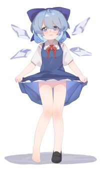 1girl absurdres black_shoes blue_bow blue_dress blue_eyes blue_hair blush bow cameltoe cirno clothes_lift collared_shirt detached_wings dress dress_lift full_body gumingdi_ban hair_bow highres ice ice_wings lifting_own_clothes loafers loli looking_at_viewer medium_hair neck_ribbon open_mouth paid_reward_available panties pinafore_dress pink_panties red_ribbon ribbon shirt shoes single_bare_foot single_shoe sleeveless sleeveless_dress solo toes touhou underwear white_shirt wings