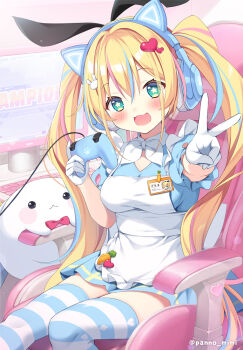 1girl :d aliceglint animal_ear_headphones animal_ears apron blonde_hair blue_dress blue_hair blush breasts chair commentary_request computer_keyboard controller dress fake_animal_ears frilled_apron frills game_controller gloves green_eyes hair_between_eyes hair_ornament half_gloves headphones heart heart_hair_ornament holding indoors long_hair looking_at_viewer medium_breasts monitor multicolored_hair office_chair on_chair open_mouth outstretched_arm pan_(mimi) pink_hair puffy_short_sleeves puffy_sleeves rabbit_hair_ornament secretary_alice short_sleeves sitting smile solo star-shaped_pupils star_(symbol) streaked_hair striped_clothes striped_thighhighs swivel_chair symbol-shaped_pupils thighhighs twintails twitter_username v very_long_hair virtual_youtuber white_apron