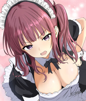 1girl black_dress black_ribbon breasts brown_hair buttons cevio cleavage dress frilled_dress frills from_above hand_on_own_hip highres k-yous large_breasts long_hair looking_at_viewer maid maid_day maid_headdress mole mole_under_eye natsuki_karin open_mouth pink_background puffy_short_sleeves puffy_sleeves purple_eyes ribbon short_sleeves signature solo twintails