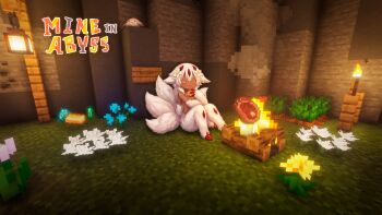 1girl :3 animal_ear_fluff animal_ears bare_shoulders blush body_fur claws commentary_request dark_skin faputa flower fluffy furry game_screenshot_background hair_flower hair_ornament highres horns lokedx3 looking_at_viewer made_in_abyss minecraft minecraft_(style) monster_girl narehate screenshot_background smile smug white_fur white_hair