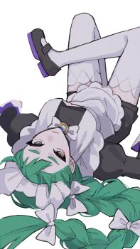 absurdres apron black_romper blunt_bangs bow bowtie braid braided_ponytail breasts green_hair highres juliet_sleeves lebanne_(pokemon) long_hair long_sleeves maid_apron maid_headdress medium_breasts minao_omina nintendo pink_lips pokemon pokemon_legends:_z-a puffy_sleeves romper thighhighs tsurime white_bow white_bowtie white_thighhighs