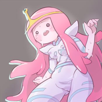 1girl adventure_time black_background black_eyes blush bodysuit breasts cartoon_network covered_erect_nipples k-nattoh long_hair open_mouth pink_hair plump princess princess_bonnibel_bubblegum shoulder_pads small_breasts sparkle standing sweat teeth tiara white_bodysuit