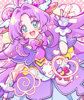 Rule 34 | 1girl, :d, ahoge, akechi anna, artist name, blue eyes, bow, bowtie, brooch, capelet, commentary, cowboy shot, cure answer, double bun, dress, dutch angle, fingerless gloves, gloves, hair bun, hair intakes, hair ornament, hanamaru, heart, heart brooch, highres, impossible hair, jewelry, kirin (kanata walk), layered gloves, long hair, looking at viewer, magical girl, medium dress, meitantei precure!, notice lines, open mouth, pact holder, precure, purple bow, purple bowtie, purple capelet, purple dress, purple hair, signature, sleeveless, sleeveless dress, smile, solo, sparkle, standing, twitter username, waving, white gloves, wing hair ornament